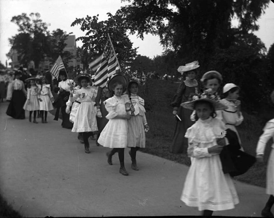Children Waving Flags At The Sunday Schools Parade In Claremont Park, Bronx, 1903.