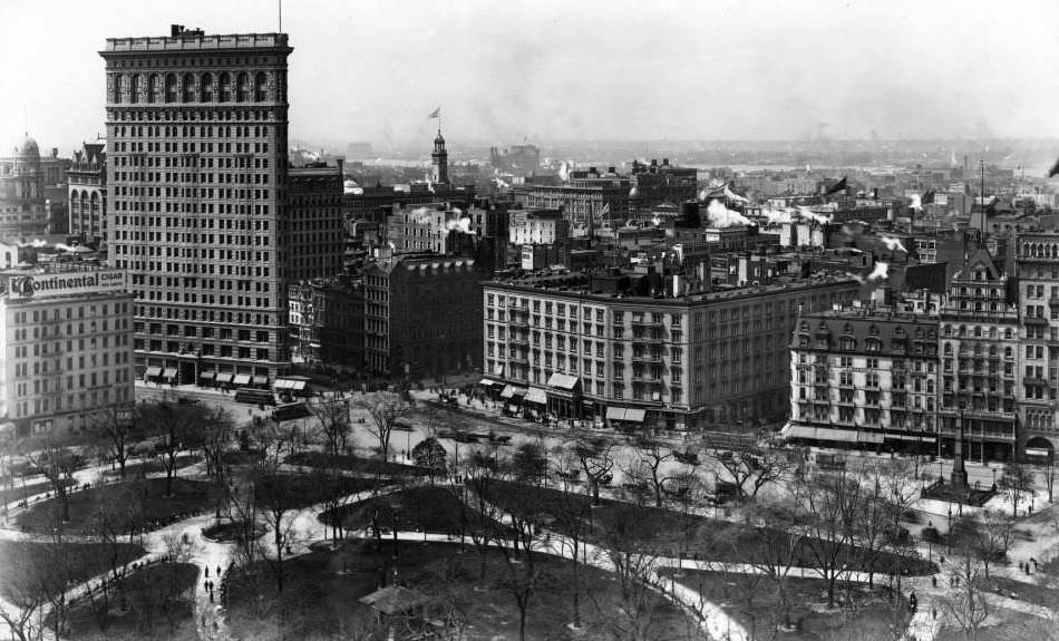 High-Angle View Of Madison Square Showing The Flatiron Building, Madison Square Park, And Broadway, Manhattan.