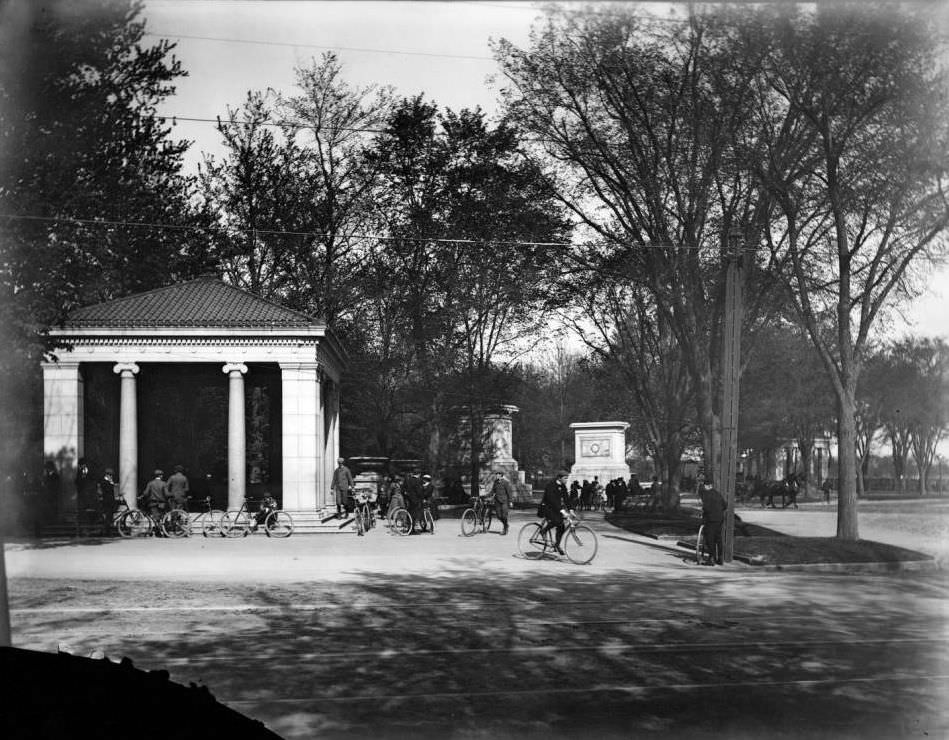 Entrance To Prospect Park, With Many People On Bicycles, Brooklyn.