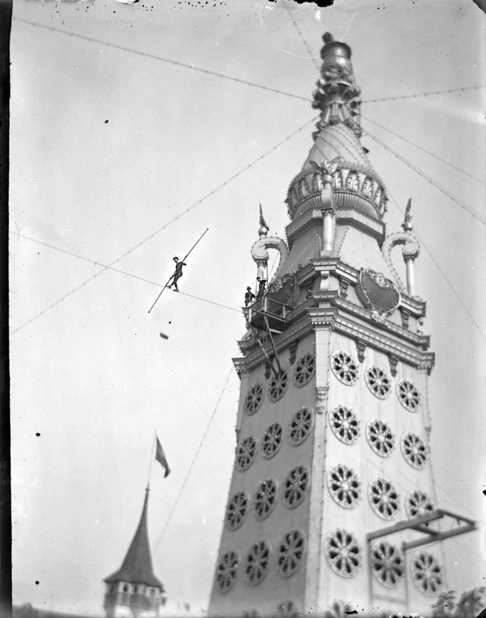 Tightrope Walker Near The Electric Tower, Luna Park, Coney Island, Brooklyn, 1900S.