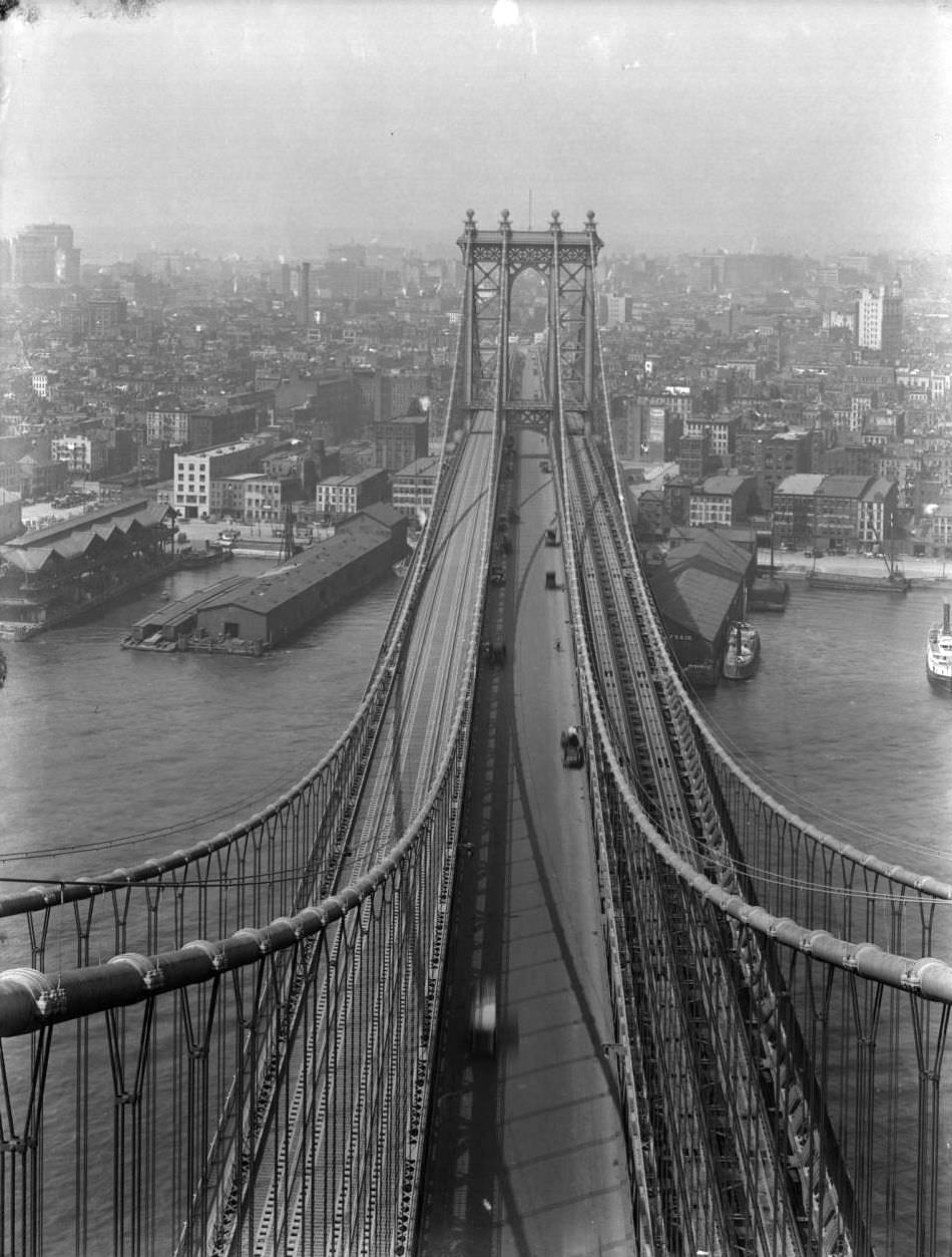 High-Angle Shot Of The Manhattan Tower Of The Manhattan Bridge, Manhattan, And The Piers Along The East River, 1914.