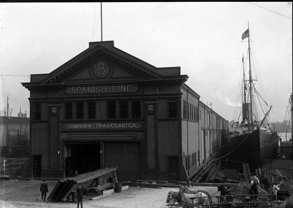Pier 8, Spanish Line, East River, New York City, 1916.