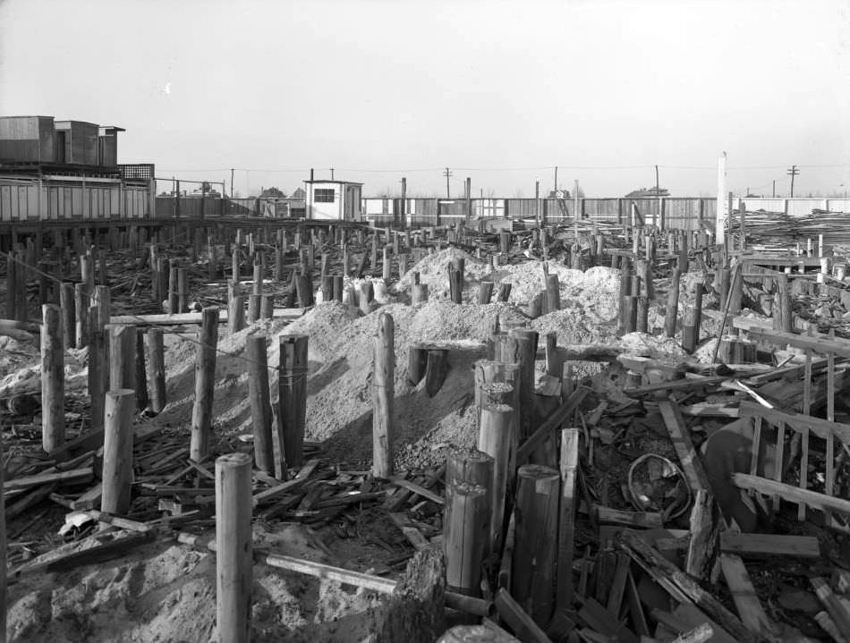 Construction Site On Manhattan Beach, Brooklyn, With Pilings Driven Into The Sand, 1916.
