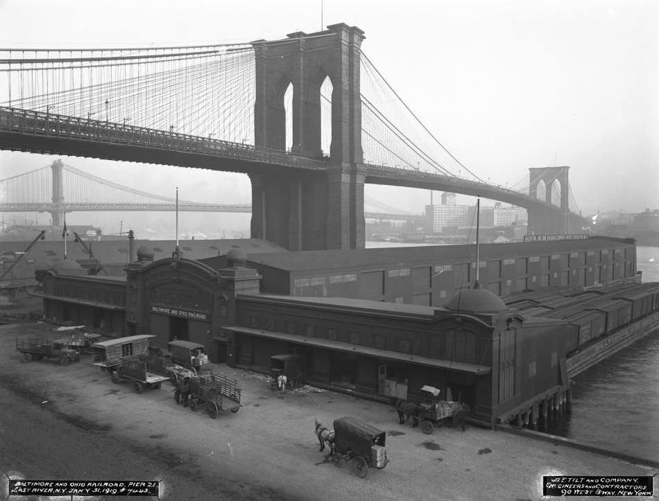 Pier 21, East River (Baltimore &Amp;Amp; Ohio Railroad), At The Foot Of The Brooklyn Bridge, New York City, 1919.