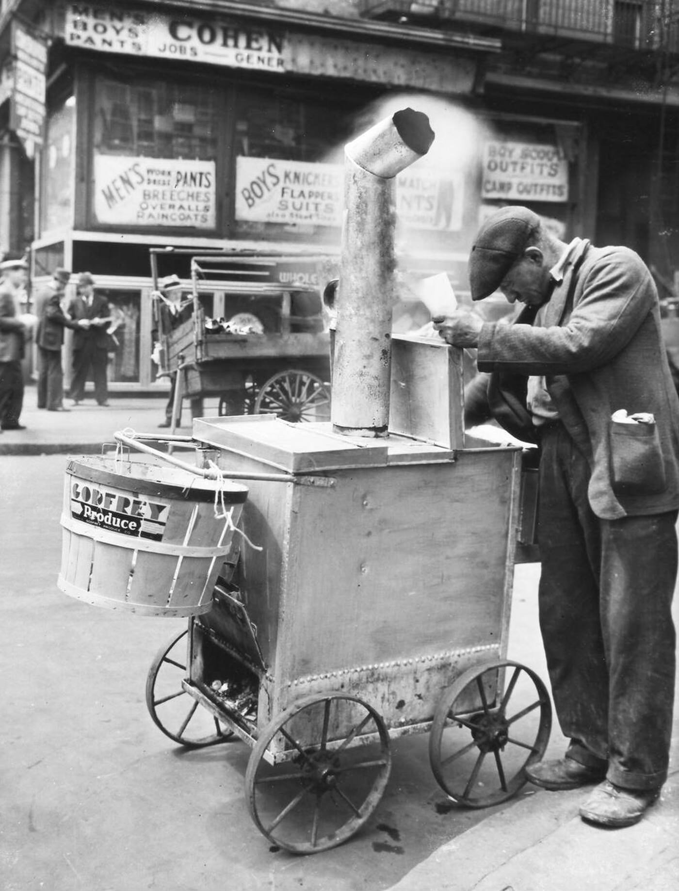 Roast Corn Man Peering Into Cart.