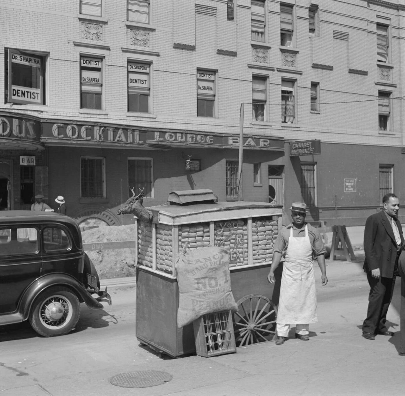 Street Vendor With Peanut Wagon, Lenox Avenue And 133Rd Street, New York City, July 1938.