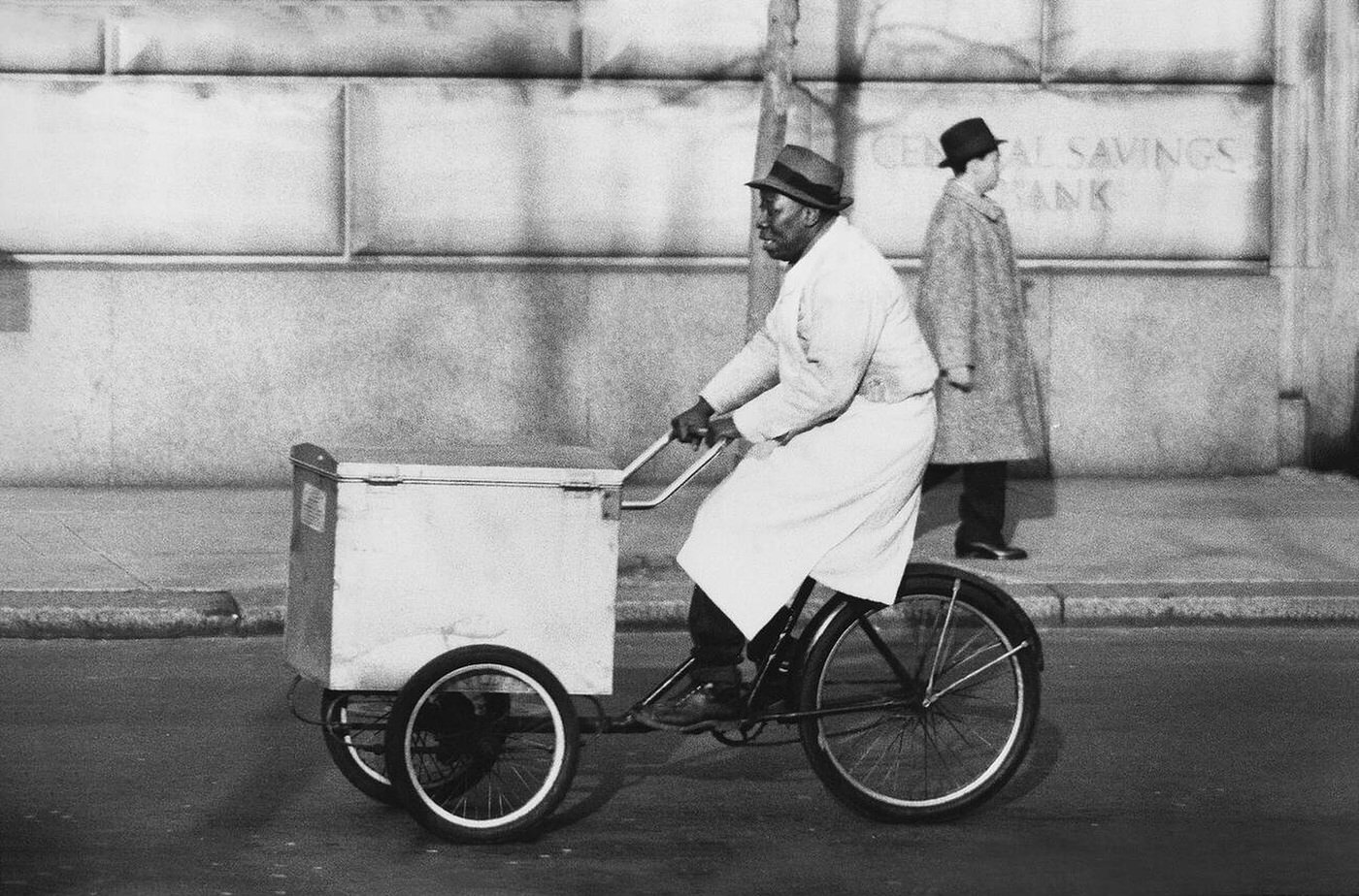 Man Riding A Food Cart Tricycle, New York City, December 1953.