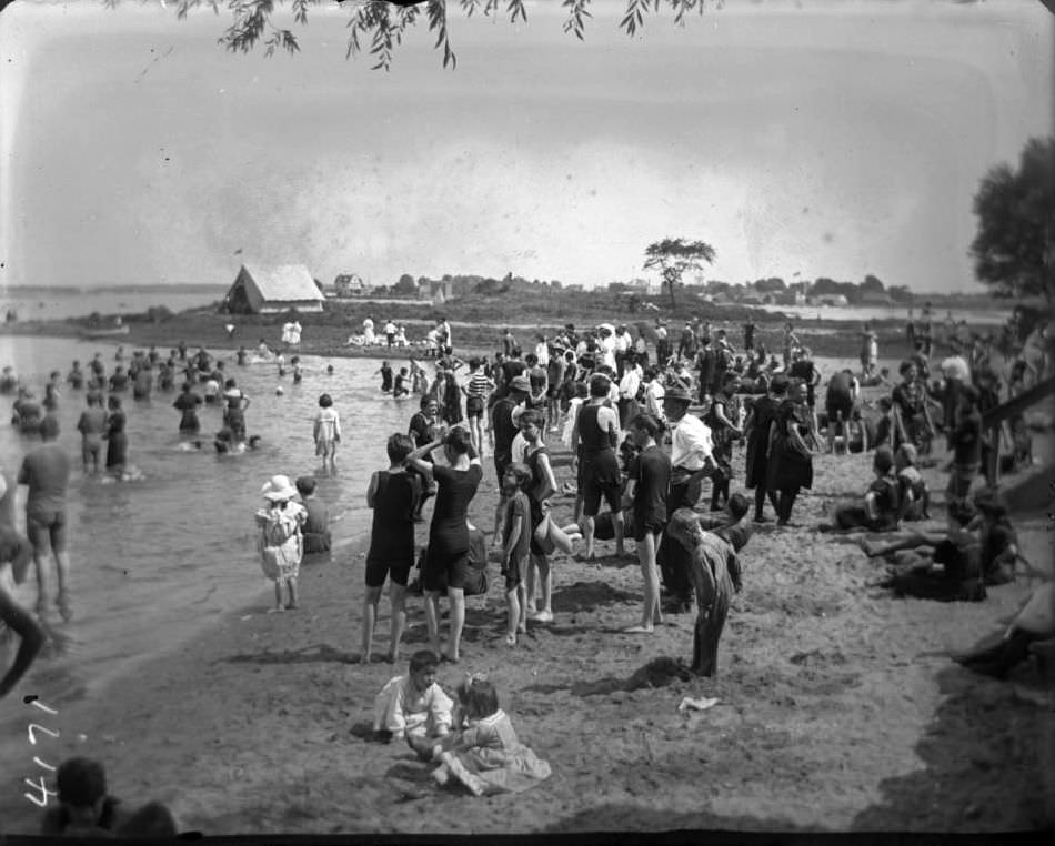 Bathers On The Beach At Orchard Beach, Bronx, 1907.