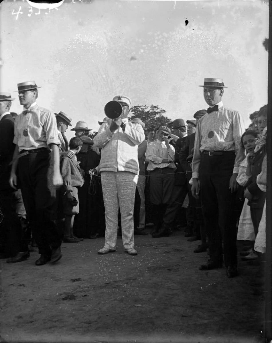 Policeman With Megaphone At Orchard Beach, Bronx, 1907.