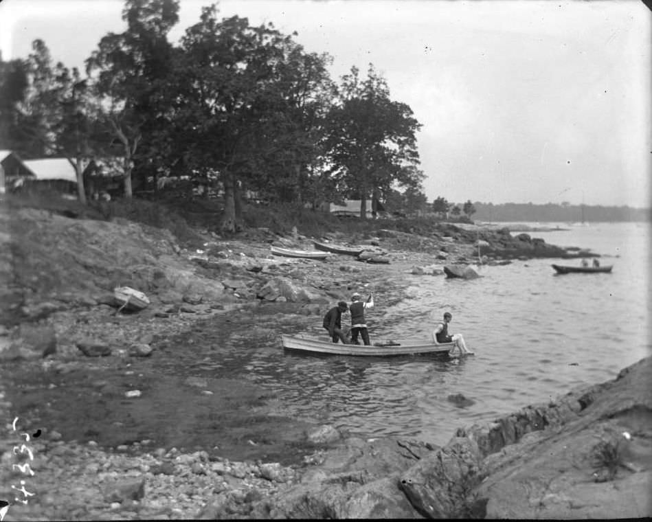 Three Men In A Rowboat At Orchard Beach, Bronx, 1907.