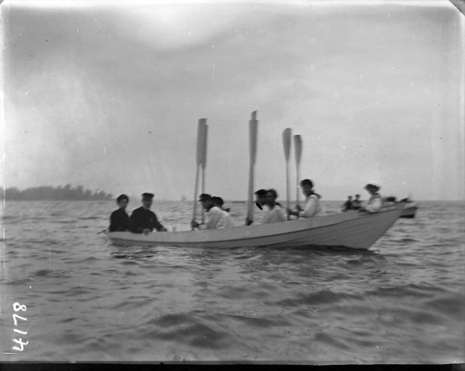 Lifeguards Putting Out In Their Boat At Orchard Beach, Bronx, 1907.