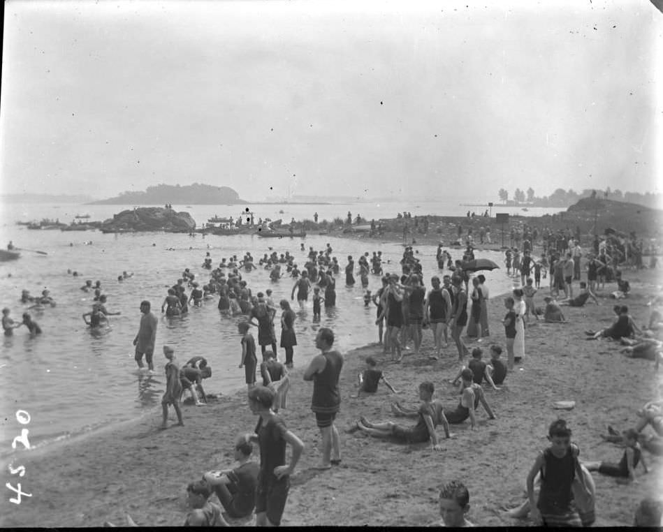Bathers On The Beach At Orchard Beach, Bronx, 1914.