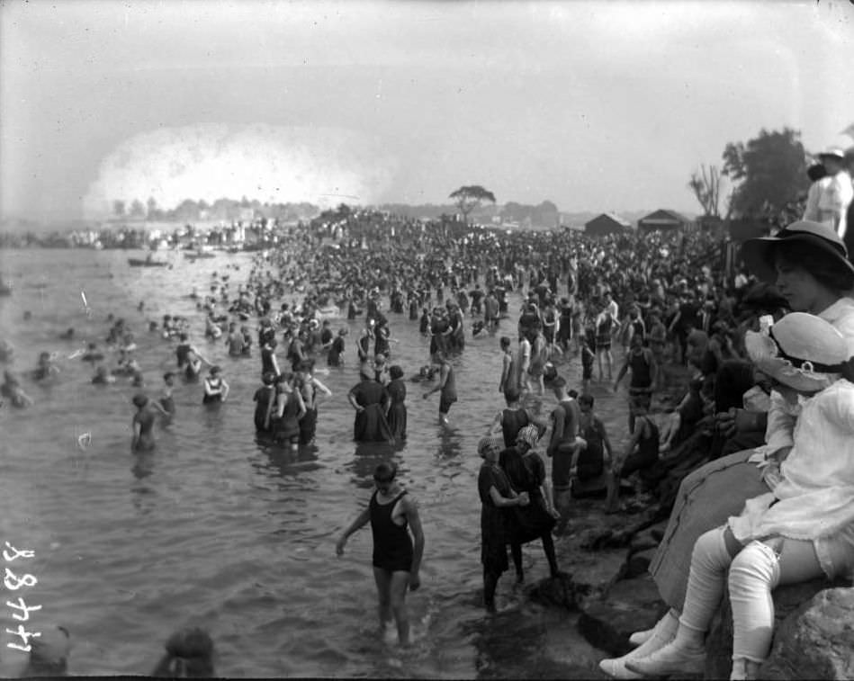 Bathers On The Beach At Orchard Beach, Bronx, 1912.