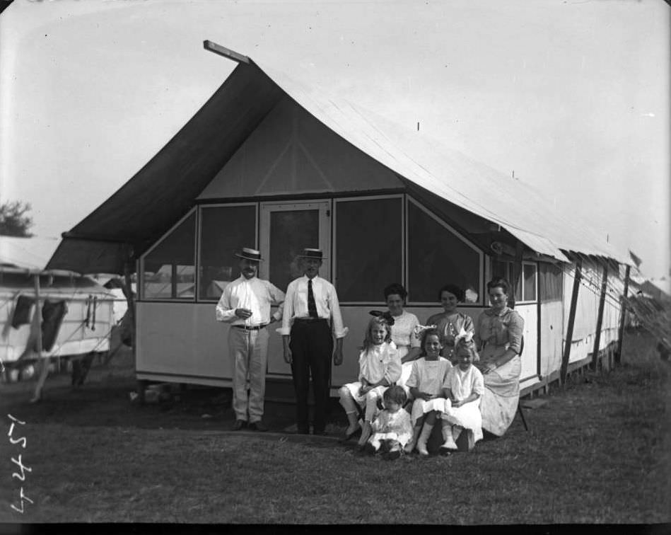 Unidentified Family Posed Outside Their Tent At Orchard Beach, Bronx, 1912.