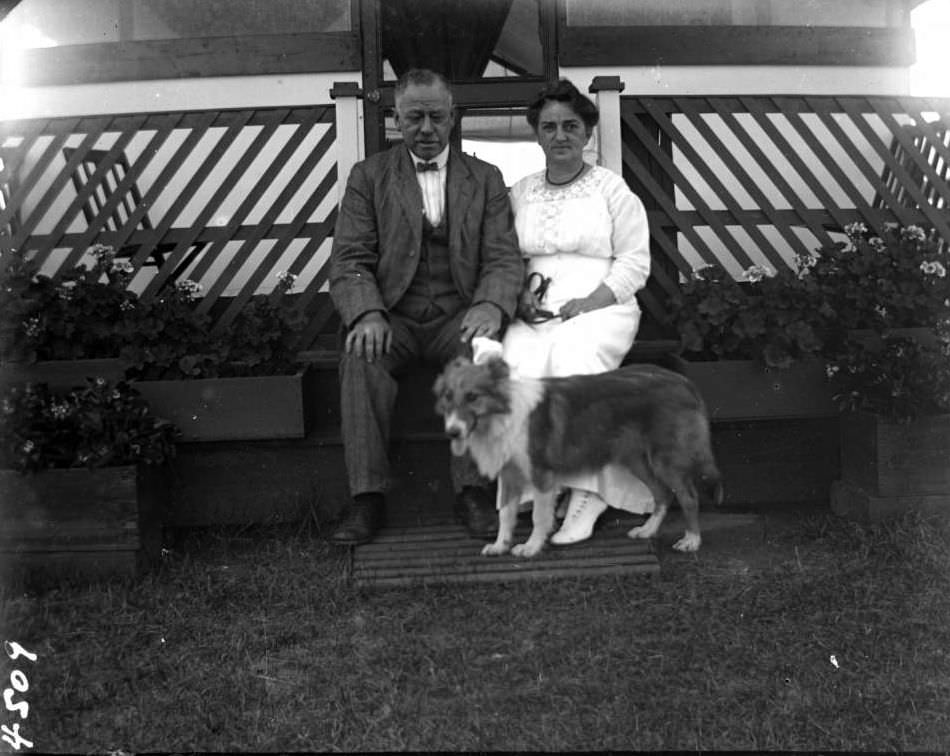 Mr. And Mrs. Stonebridge With A Collie Dog At Orchard Beach, Bronx, 1916.