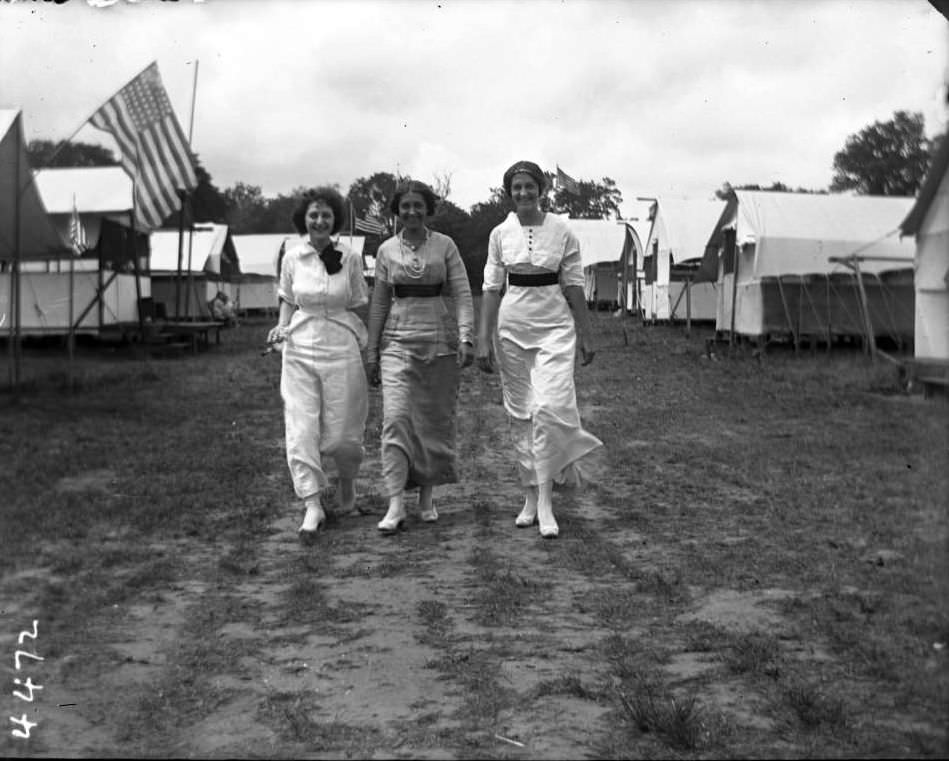 Unidentified Young Women Walking Through The Campgrounds At Orchard Beach, Bronx, 1912.
