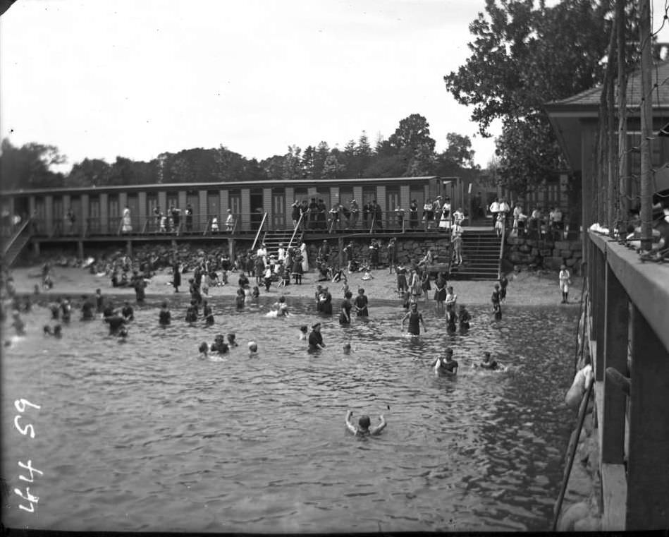 Bath Houses And Bathers At Orchard Beach, Bronx, 1912.