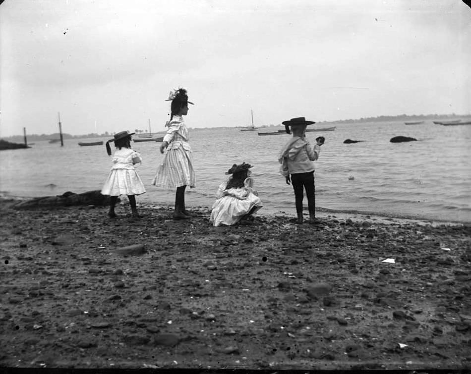 Grace And Willie Stonebridge With A Little Girl And Boy Playing On The Beach, Lohbauer Park, Throggs Neck, Pelham Bay, Bronx, 1898.