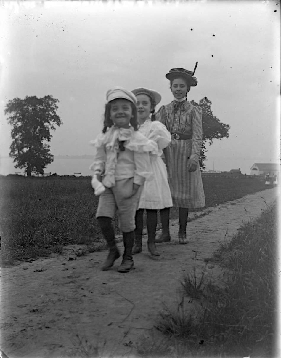 Willie, Grace, And A Girl Walking In A Line, Lohbauer Park, Throggs Neck, Pelham Bay, Bronx, 1898.