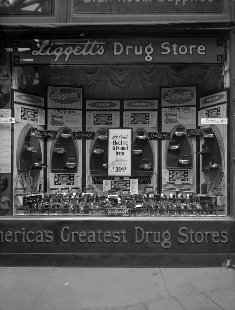 Display Of Electric Irons In The Window Of Liggett'S Drug Store, Broadway And 34Th Street, 1916.