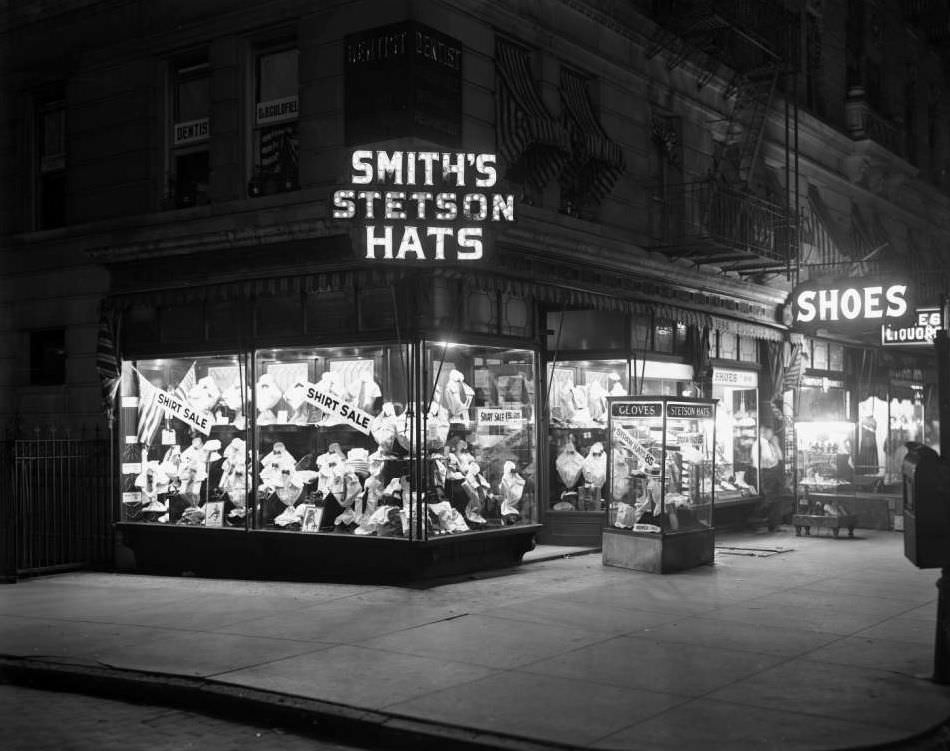 Night View Of The Illuminated Storefront Of Smith'S Stetson Hats, Ca. 1917.