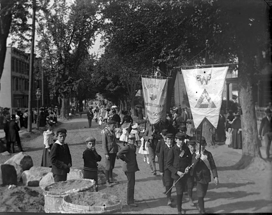 Group Marching With A Banner For The 'Tremont Presbyterian Sunday School' In The Sunday School May Walk Parade, Bronx.