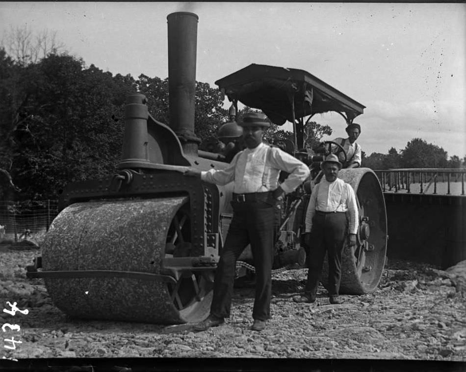 Workmen Posed With A Steamroller At The New York Zoological Gardens, Bronx, 1890S.