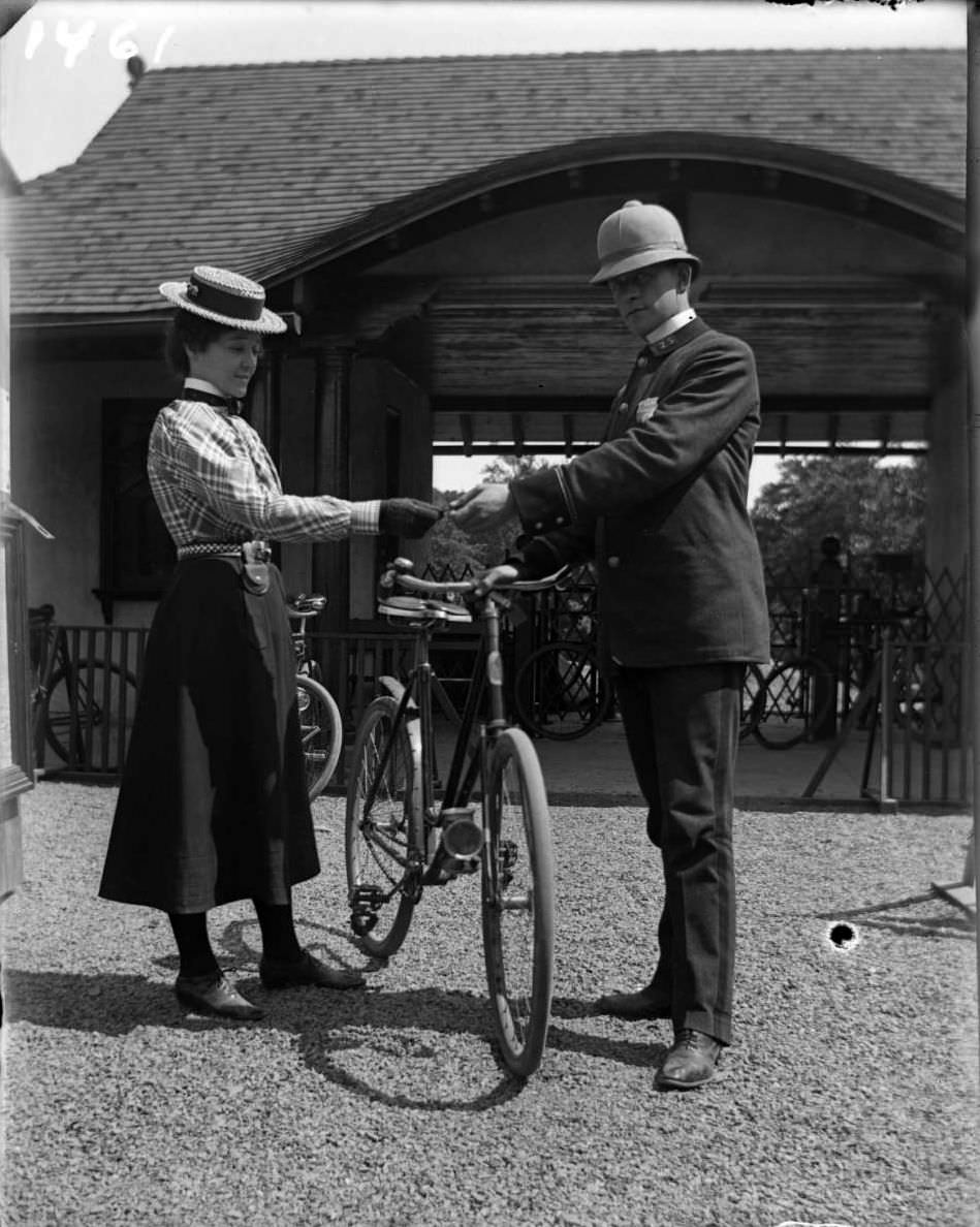 Woman Checking Her Bicycle At The New York Zoological Gardens, Bronx, 1890S.