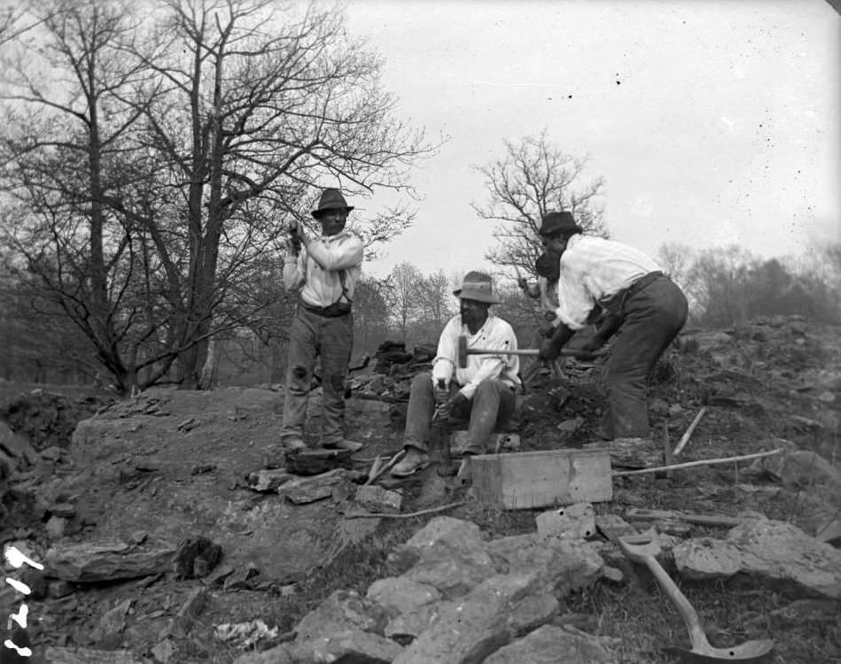 Workmen Breaking Rock At The New York Zoological Gardens, Bronx, 1890S.