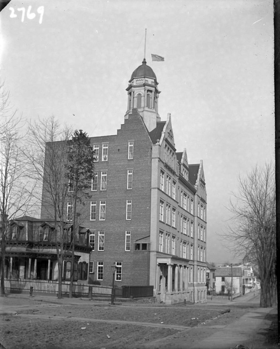 A School With The Flag At Half Mast, Tremont, Bronx, 1902.