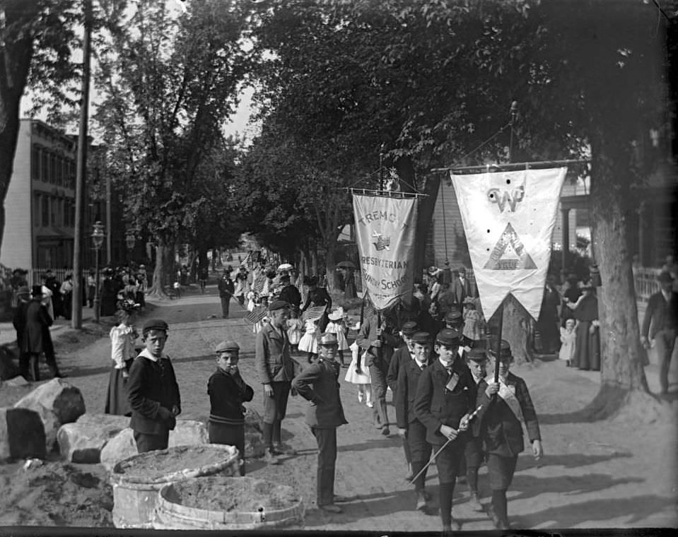 Group Marching With A Banner For The Tremont Presbyterian Sunday School In The Sunday School May Walk Parade, Bronx, 1898.