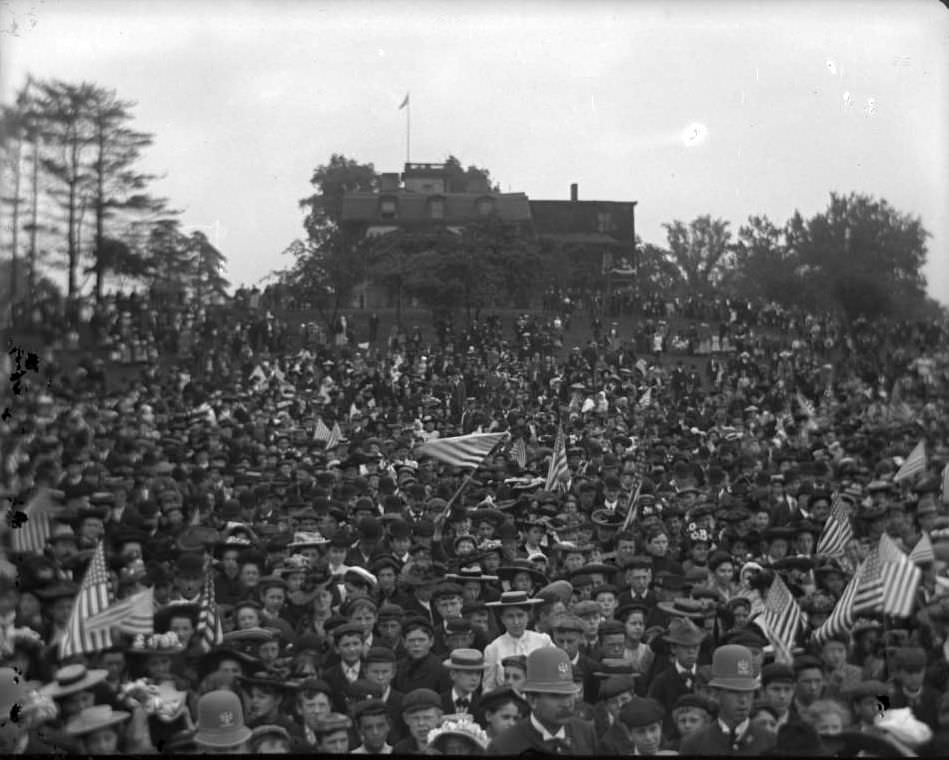 Crowd Gathered In Van Cortlandt Park With Flags, 1900.