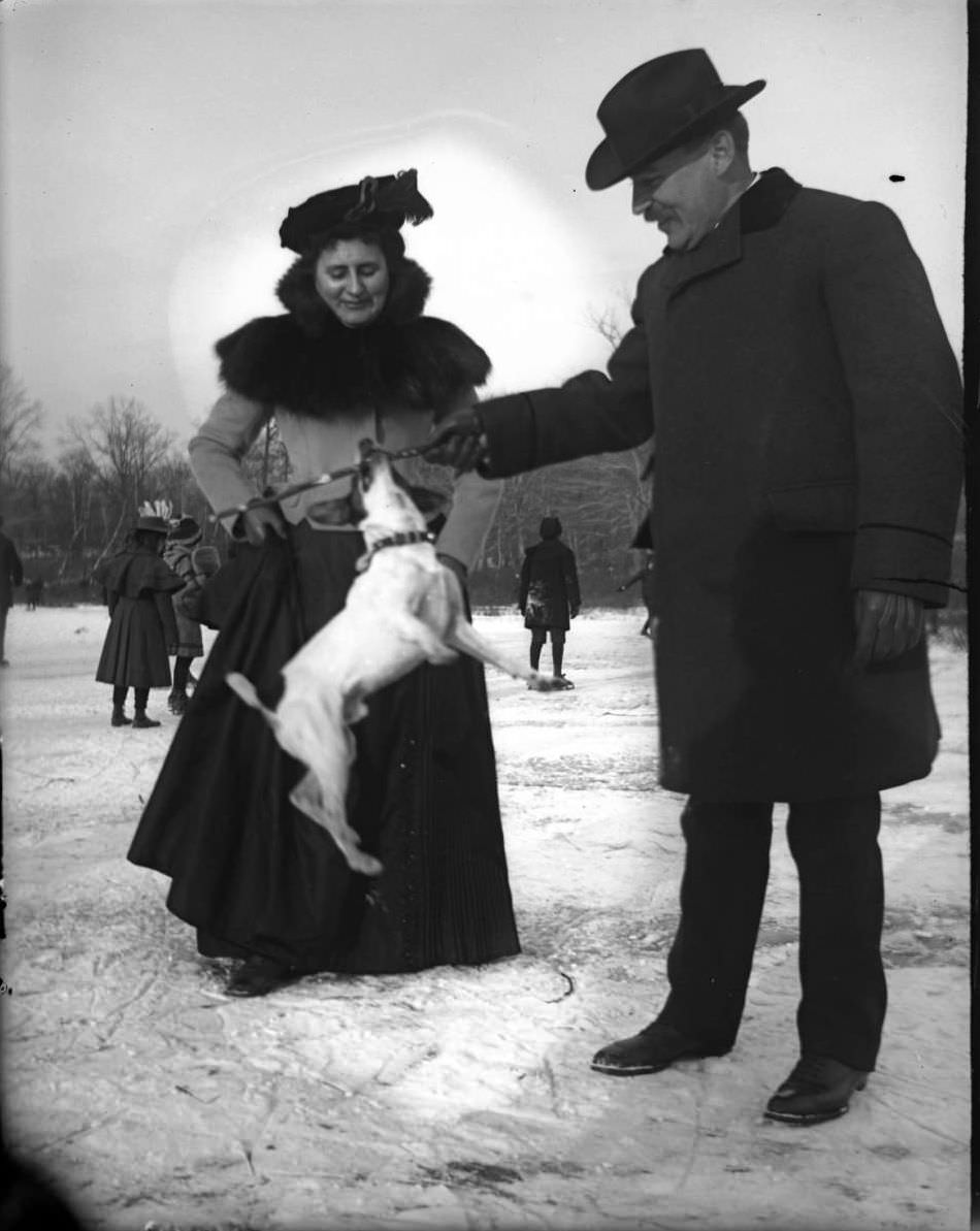 A Man And Woman With A Dog On The Ice, Van Cortlandt Lake, Van Cortlandt Park, 1902.