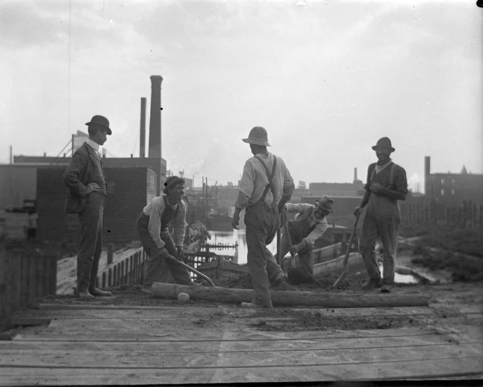 Workmen Building A Bridge Or Platform Above The Mott Haven Canal, Bronx