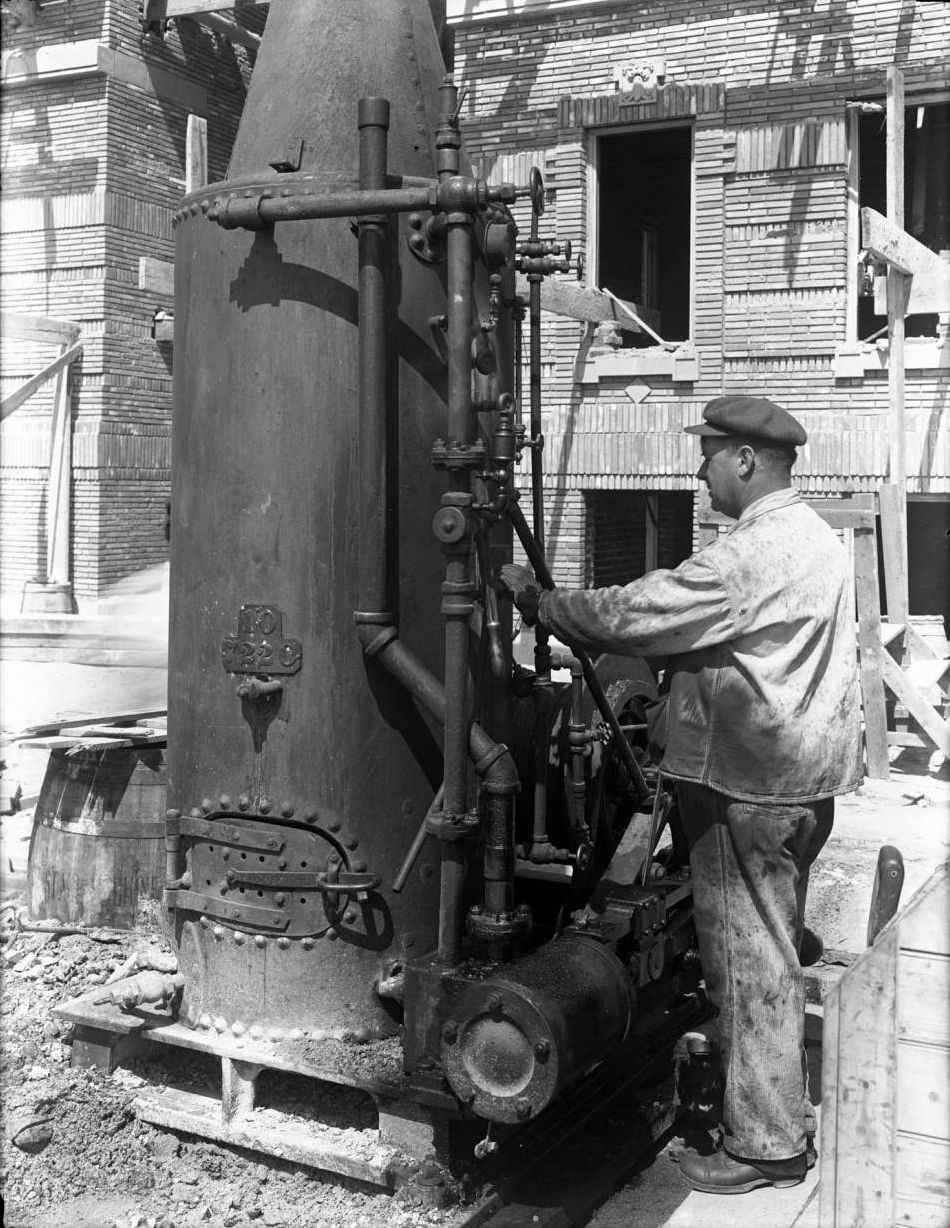 Workman With A Boiler Outside A Building Under Construction, 1915.