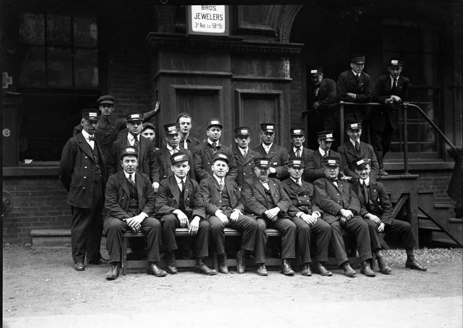 Group Of Streetcar Conductors Seated At 32Nd Street, New York City, 1919.