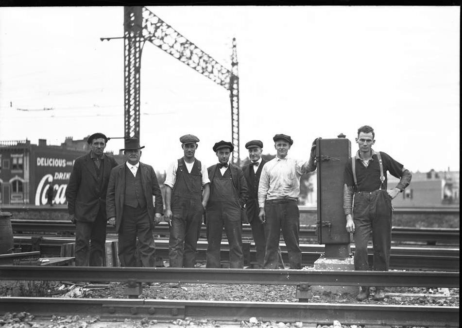 Workmen Posing On Train Tracks, New York City, 1918.