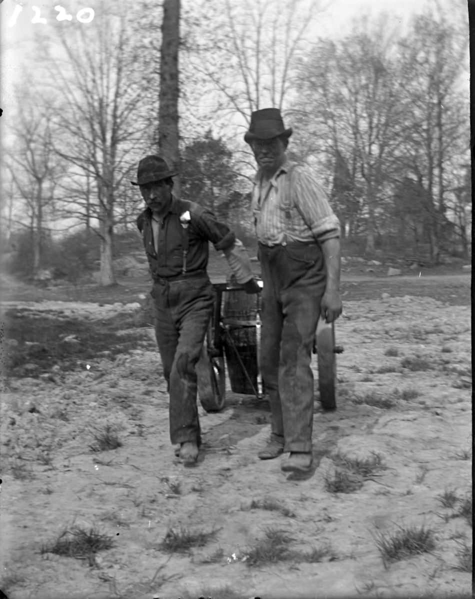 Two Men Pulling A Cart At The Bronx Zoo, Bronx.