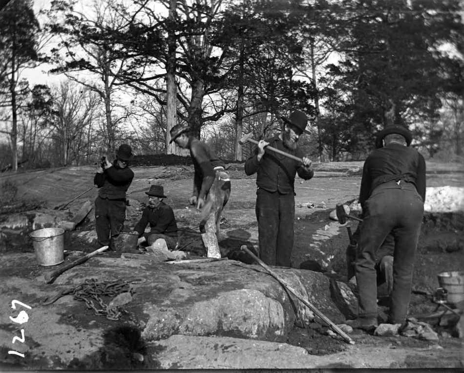 Workmen Cutting Through Rock At The Bronx Zoo, Bronx.