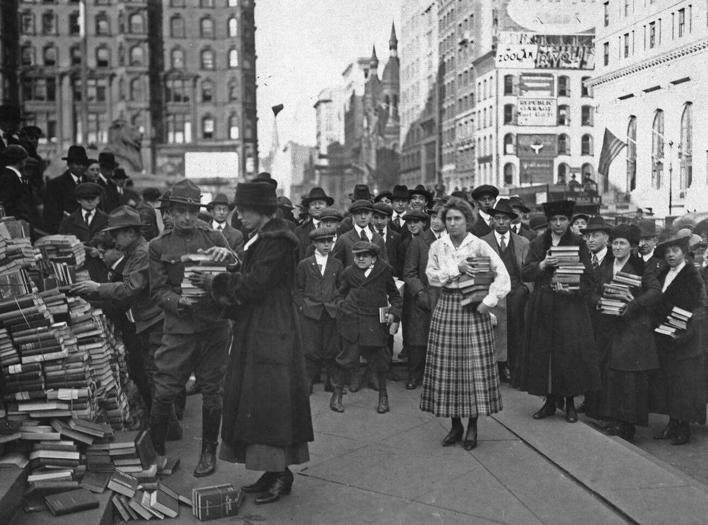 Girls From Hunter College Delivering Books At The Public Library For Distribution To Soldiers During The American Library Association Campaign, 1918.