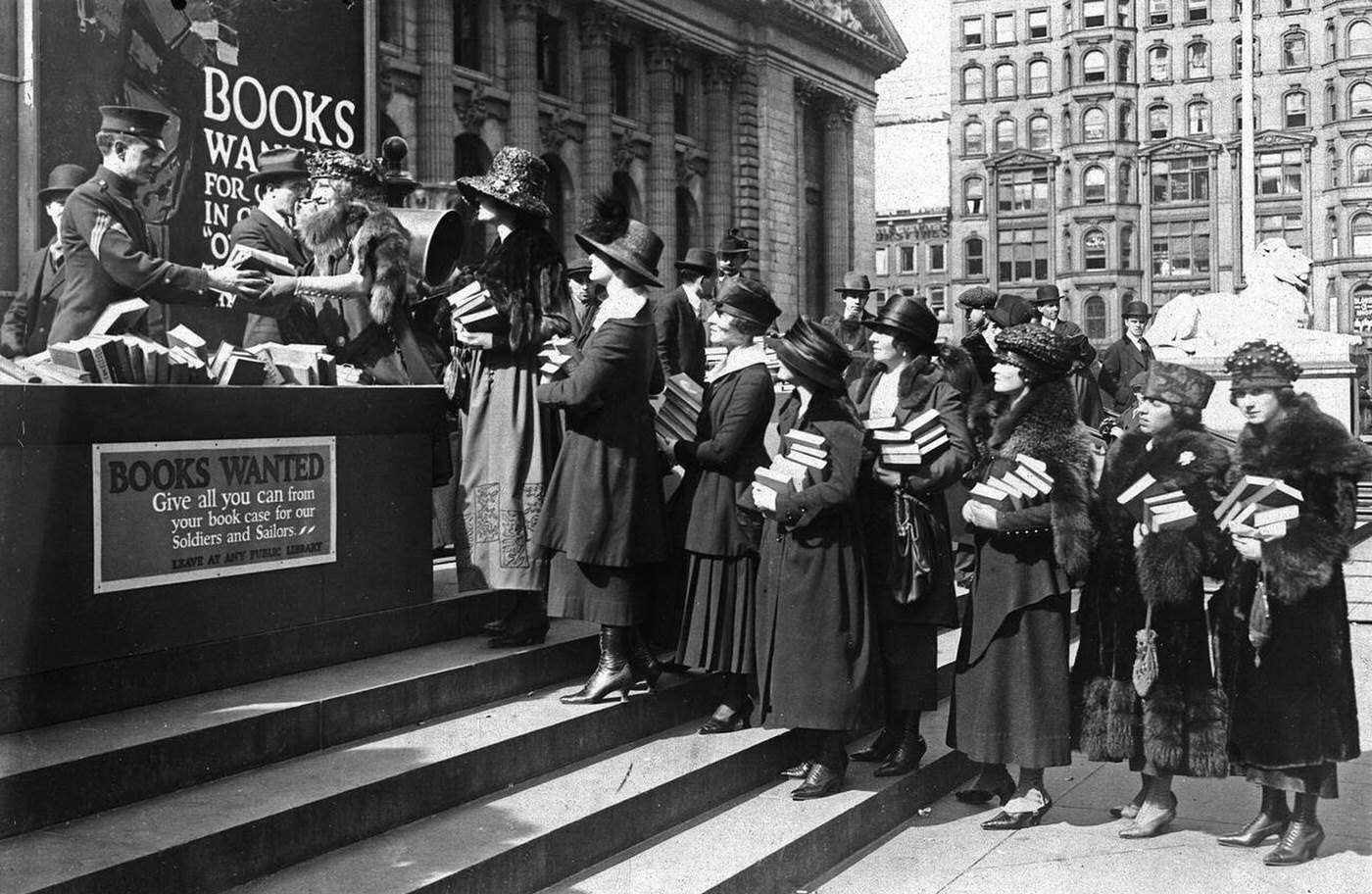 Girls Wending Their Way Into The Public Library Building With Books To Be Sent To Camps During The American Library Association Drive For Books, 1918.