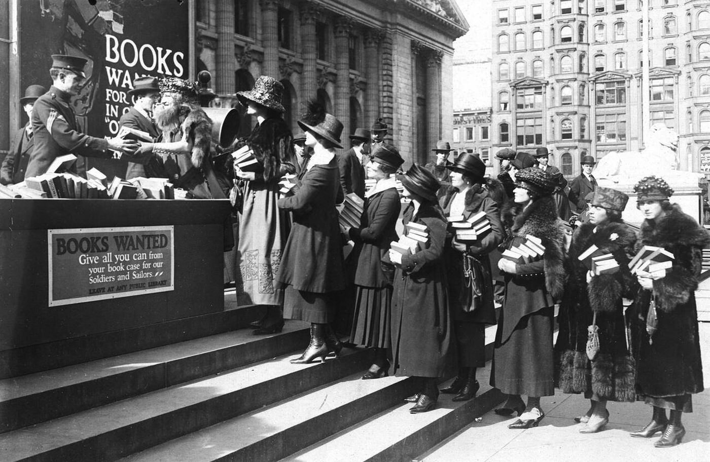 Girls Wending Their Way Into The Public Library Building With Books To Be Sent To Camps During The American Library Association Drive For Books, 1918.