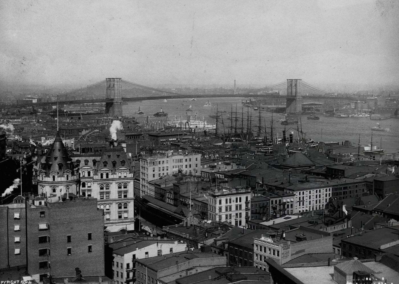 A View Of The Brooklyn Bridge From A Neighborhood In The Lower East Side, 1894.