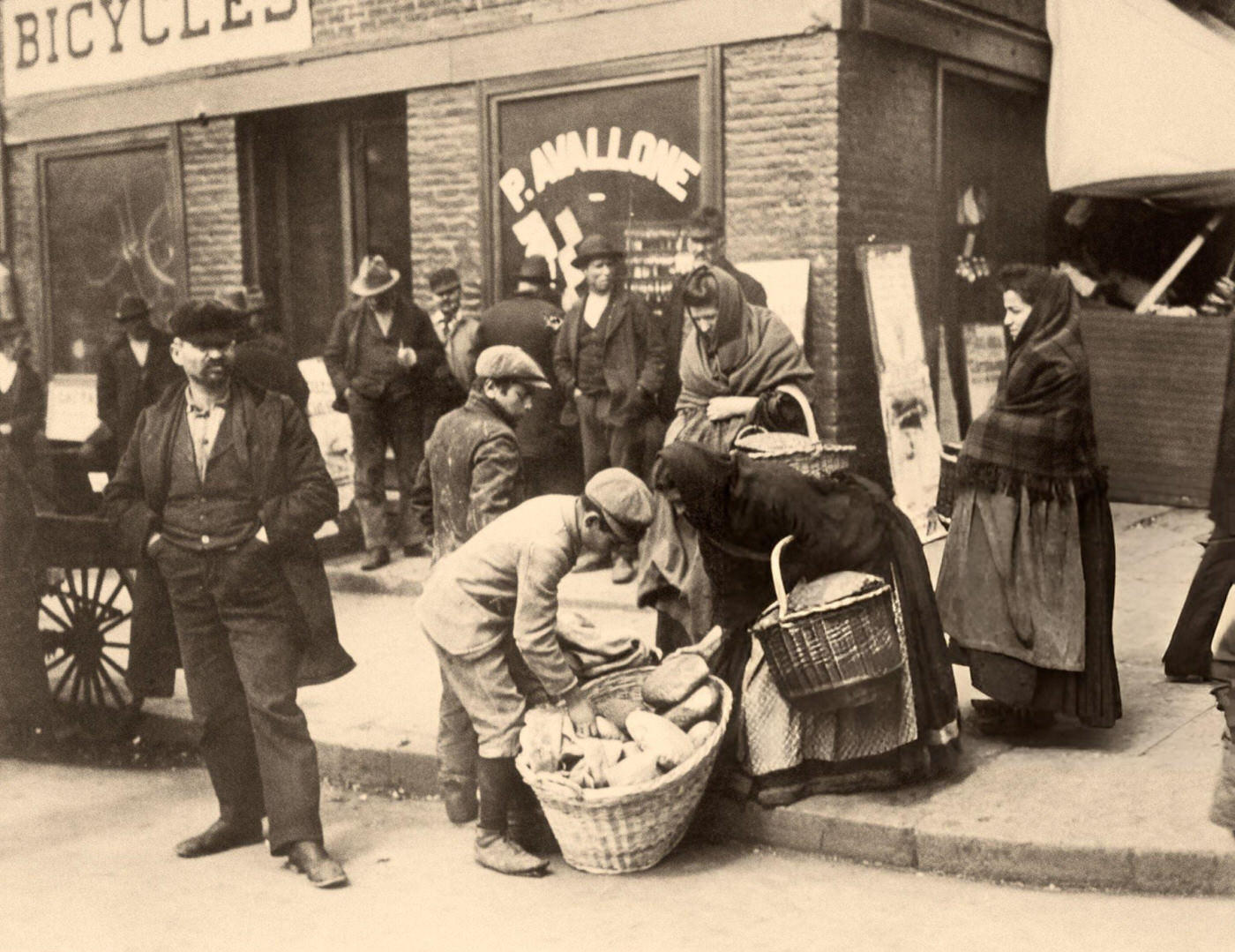 Three Women Buying Loaves From Italian Bread Sellers On Mulberry Street, Little Italy, 1900S.