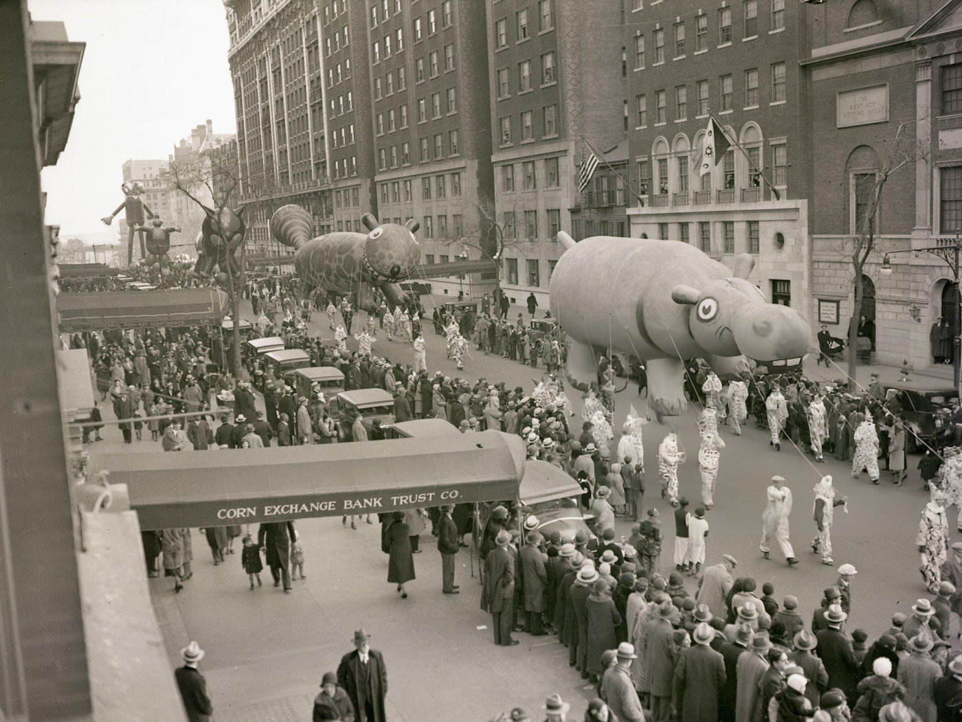 A Giant Hippopotamus Balloon Is Foregrounded In Macy'S Thanksgiving Day Parade On Broadway, 1931.
