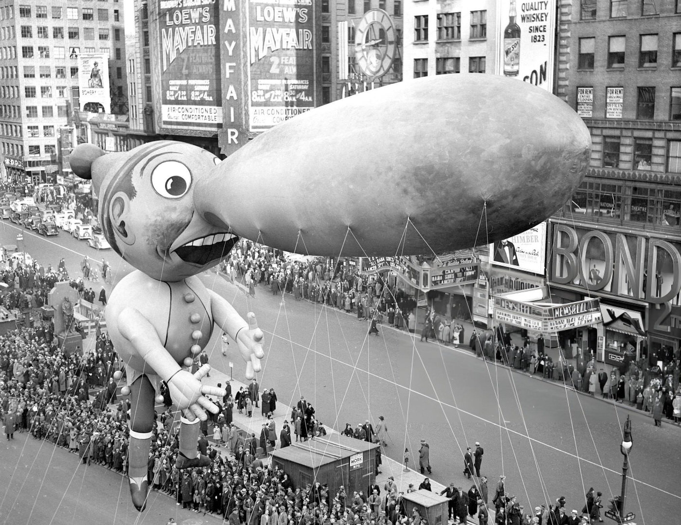 A Pinocchio Balloon Floats Down Broadway During The Thirteenth Annual Macy'S Thanksgiving Day Parade, 1937.
