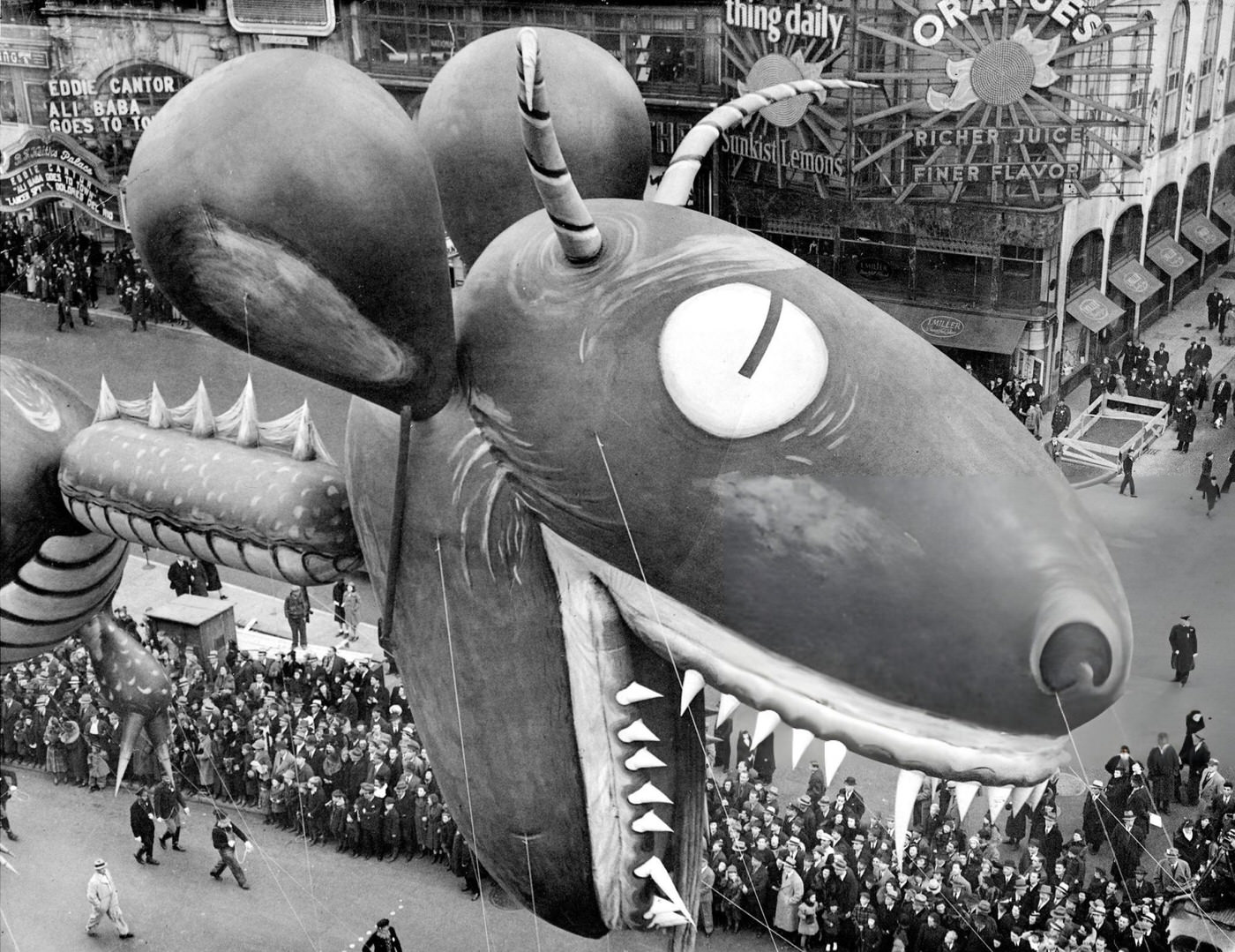 A Sea Serpent Balloon Swoops Down On Crowds Watching The Thirteenth Annual Macy'S Thanksgiving Day Parade On Broadway And 56Th St., 1937.