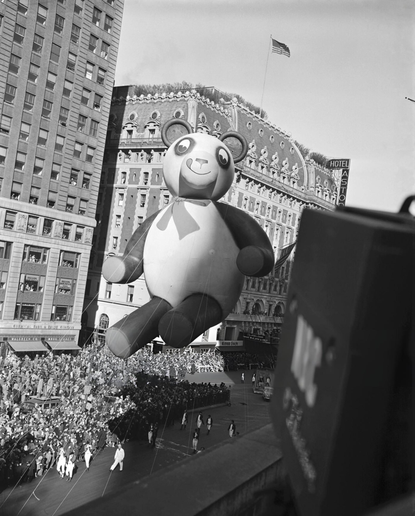 A Rooftop View Of The 'Panda Bear' Balloon In The 1946 Macy'S Thanksgiving Day Parade, New York City, 1946.