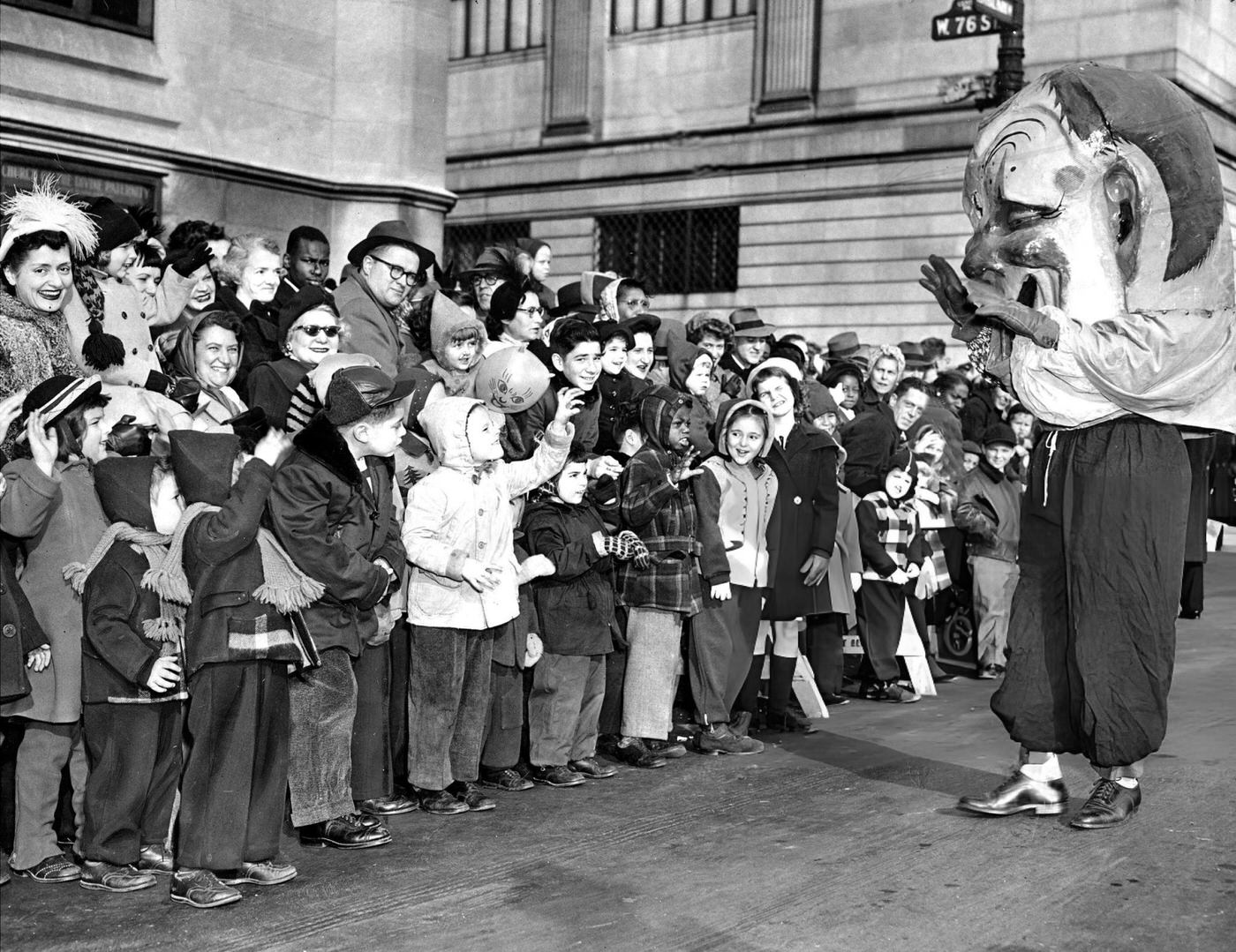 A Clown Whose Head Appears In Danger Of Blowing Away Becomes A Big Favorite With Children During Macy'S Thanksgiving Day Parade, 1949.