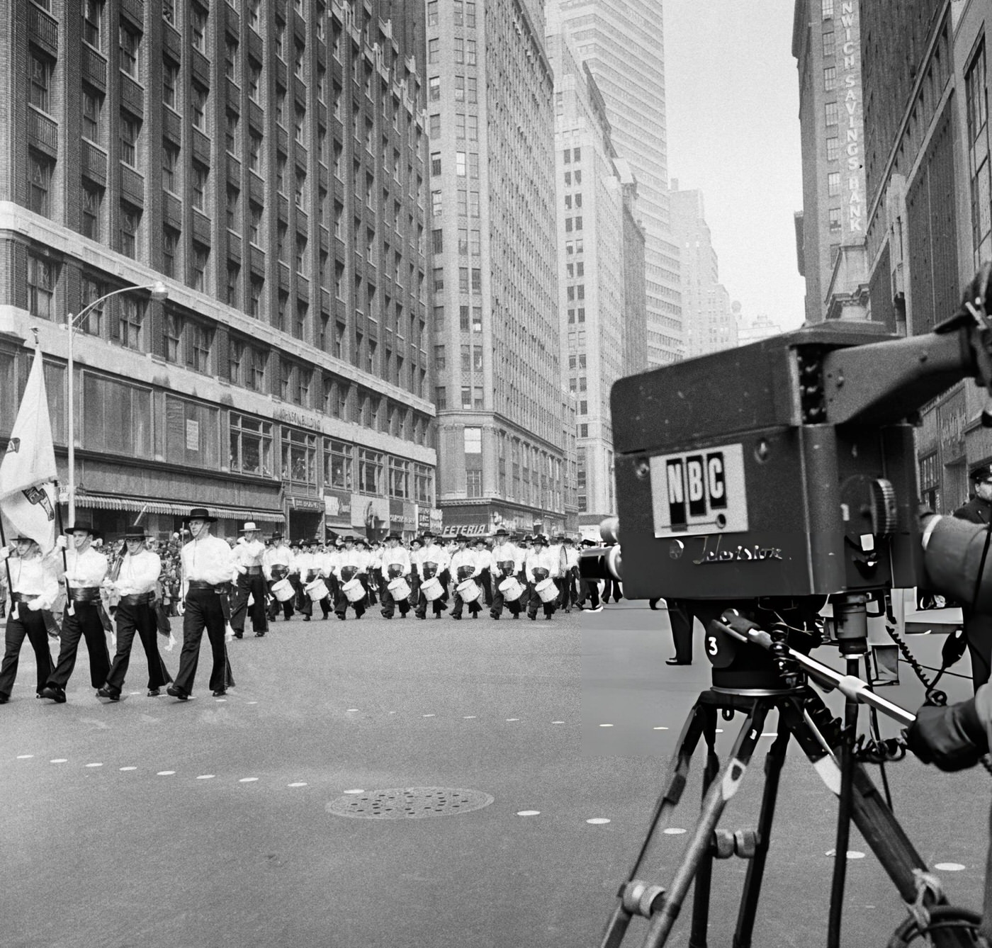 A Marching Band Passes By During The 1954 Macy'S Thanksgiving Day Parade, 1954.